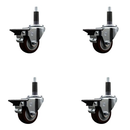 Service Caster 3'' Maroon Poly Swivel 1'' Expanding Stem Caster Set with Brake, 4PK SCC-EX20S314-PPUB-MRN-PLB-1-4